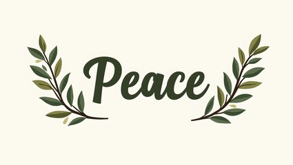 Word Peace in elegant font with olive branches symbolizing harmony