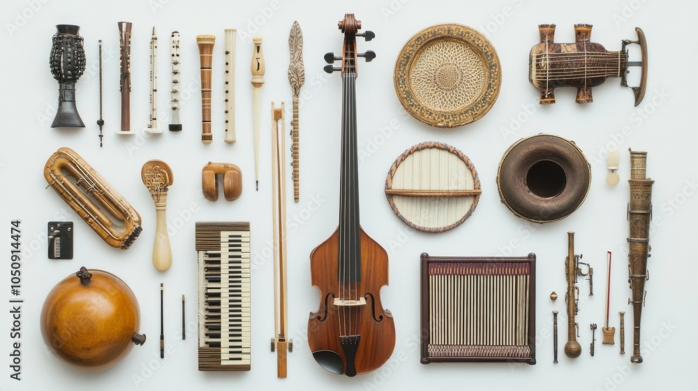 Poster a visual of various musical instruments from different cultures arranged in a harmonious composition