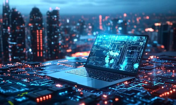 Futuristic laptop displaying glowing circuit patterns against a vibrant city skyline at night