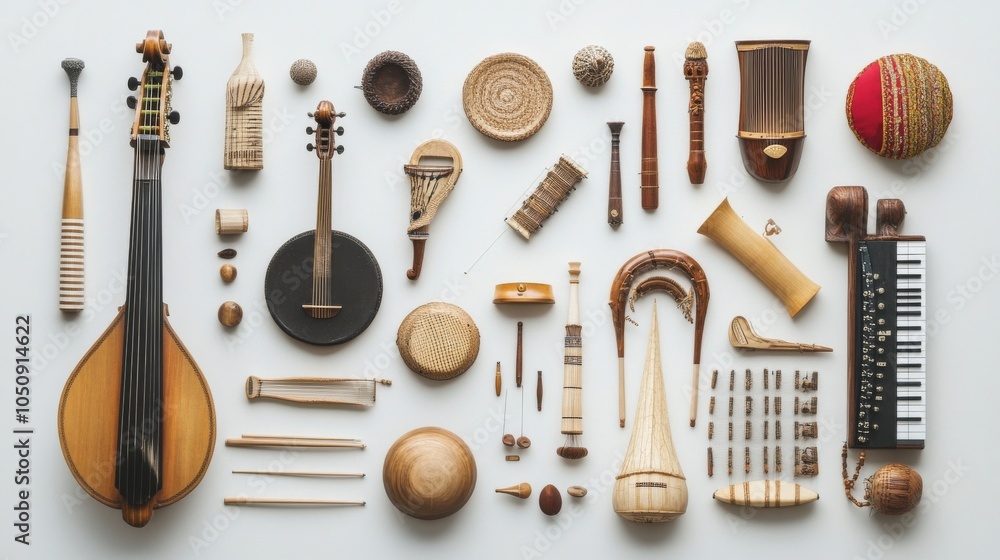 Poster a visual of various musical instruments from different cultures arranged in a harmonious composition