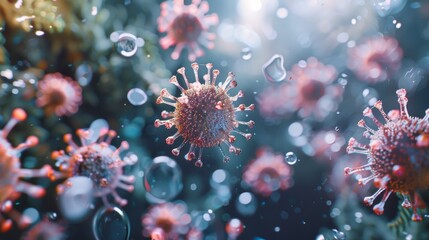 Fototapeta premium Illustration of coronaviruses in a microscopic view, showing virus structure and cellular background