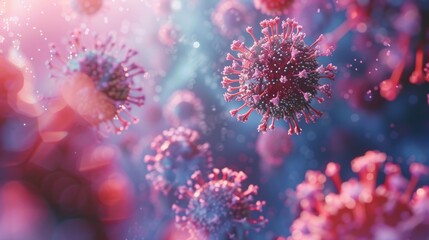 Illustration of coronaviruses in a microscopic view, showing virus structure and cellular background