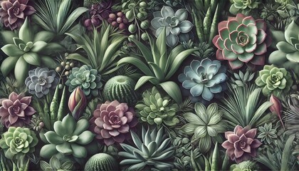 Obraz premium A beautifully detailed botanical background with succulents and exotic plants