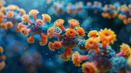 Illustration of coronaviruses in a microscopic view, showing virus structure and cellular background