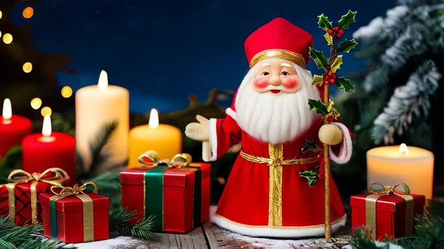 Cute Saint Nicholas with gift box, and candles. Christmas eve. Saint Nicholas holding a staff adorned with holly stand against festive Christmas background with bokeh lights