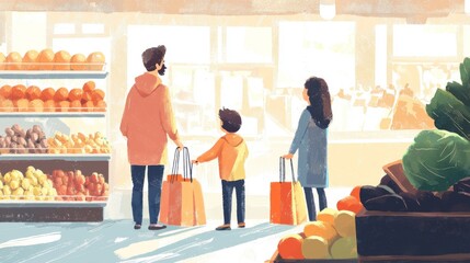 Family grocery shopping, focusing on bulk and zero-waste options