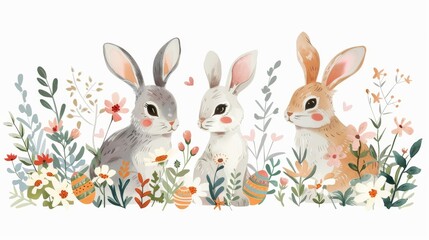 Obraz premium Playful Easter bunnies with floral crowns and pastel eggs, vector illustration on a white background