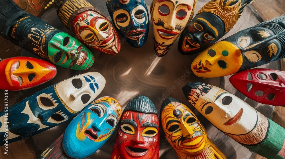 Aufkleber A vivid depiction of a diverse array of cultural masks arranged in a circle, with each mask uniquely decorated, Symbolizing the celebration and respect for different identities