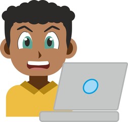 Japanese manga style illustration of a smiling young adult african american man front view using a computer laptop. Anime style image isolated on white background