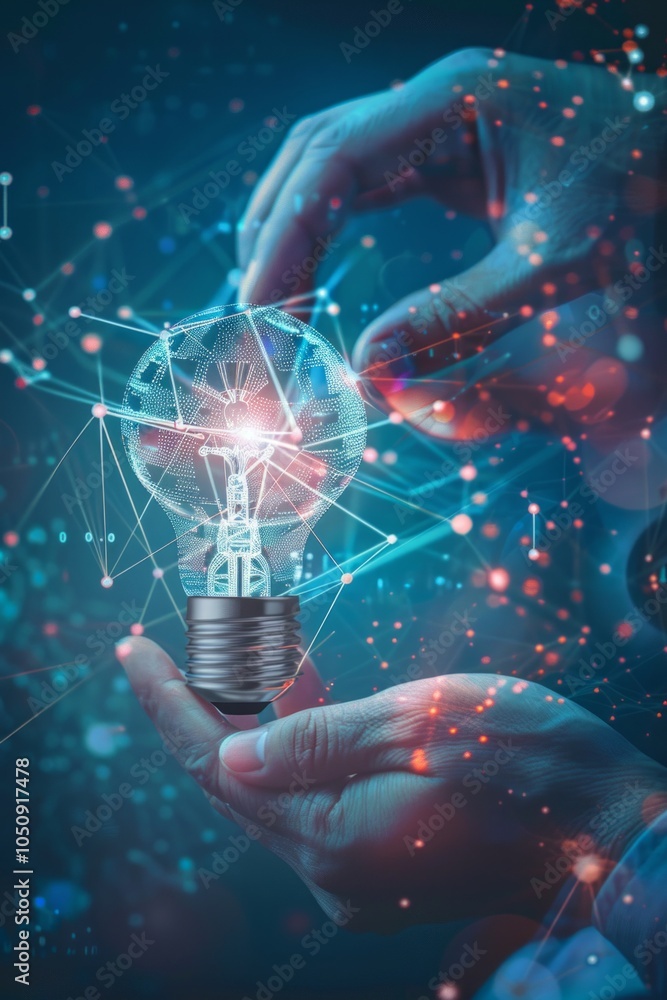 Poster ai, machine learning, robot and human hands touching on a big data network,
