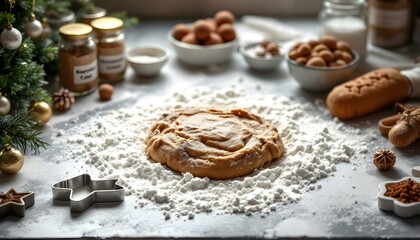 A freshly made cake batter being prepared on a wooden countertop, surrounded by a sprinkle of flour, mixing utensils, and a cozy kitchen atmosphere, evoking the joy of baking.