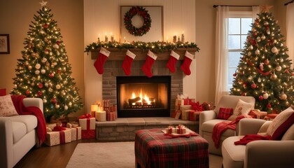 A cozy fireplace adorned with festive stockings hung with care and a beautifully decorated Christmas tree nearby. Capturing the warmth and joy of the holiday season at home.