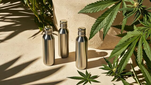 Three silver bottles sit on a tan surface surrounded by green marijuana leaves