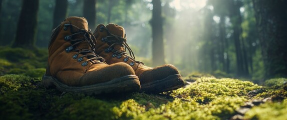 Obraz premium Exploring nature with sturdy hiking boots on moss covered ground in the forest at sunrise