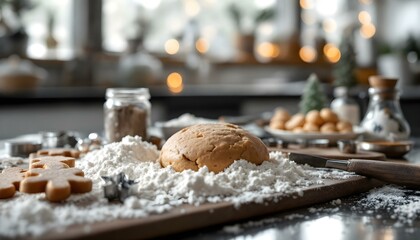 Obraz premium A freshly prepared dough resting on a kitchen countertop, surrounded by baking tools and ingredients, ready for kneading and baking into delicious pastries.