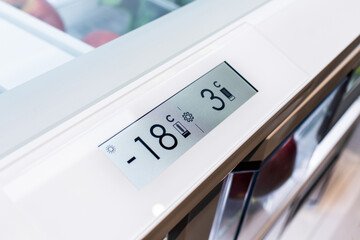 Modern kitchen fridge temperature display and visible fruits