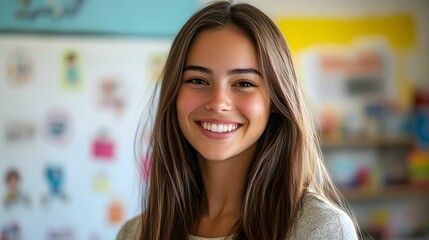 Fototapeta premium portret, nauczycielka, klasa, kobieta, energia, edukacja, uśmiech, kolorowy, światło, estetyka, inspiracja, bliskość, harmonia, swoboda, przyjemność, detale, nowoczesność, świeżość, kreatywność, naucz