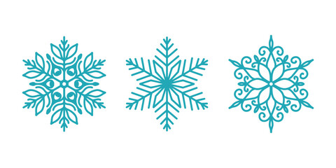 Beautiful snowflakes set, detailed hand drawn flat vector line illustration. Graphic outline drawing. Christmas and New Year symbol. Unique snowflake silhouette icon for frosty winter designs.