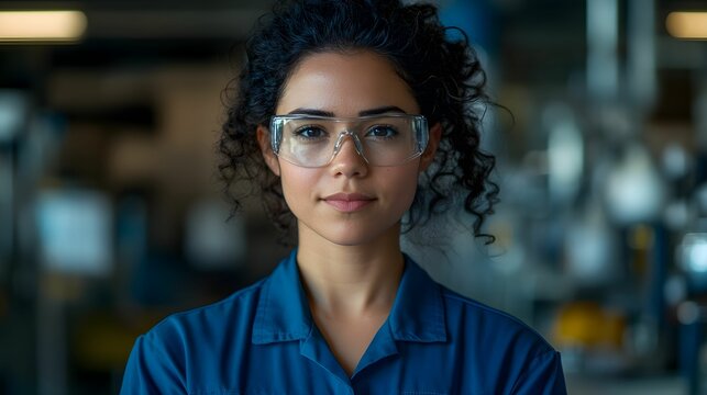 inżynier, młoda kobieta, 20-latka, kręcone włosy, ekspresja determinacji, niebieska koszula robocza, okulary ochronne, laboratorium inżynieryjne, plany, sprzęt techniczny, inteligencja, innowacja, nat