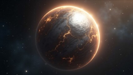 Obraz premium Shiny metallic planet with gold copper swirls glowing like a cosmic jewel