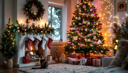 Cozy living room decorated for Christmas with a beautifully adorned tree and festive decorations, creating a warm holiday atmosphere.