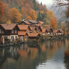 Obraz premium A picturesque village with traditional houses lining a calm river, surrounded by autumn foliage and a misty atmosphere.