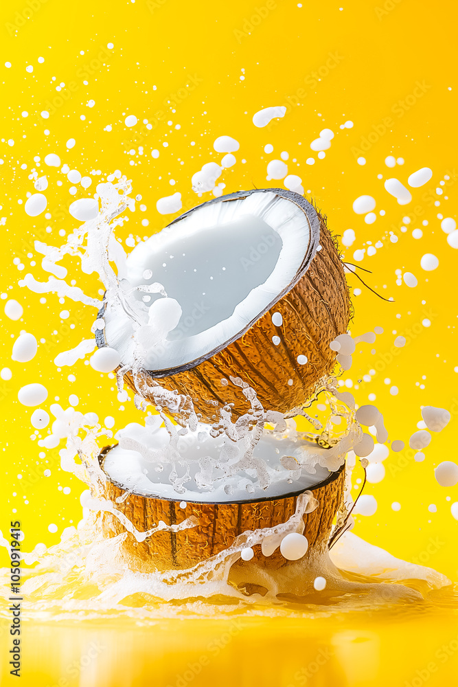 Poster two coconut halves explode open, sending a cascade of fresh coconut water into the air, creating a v