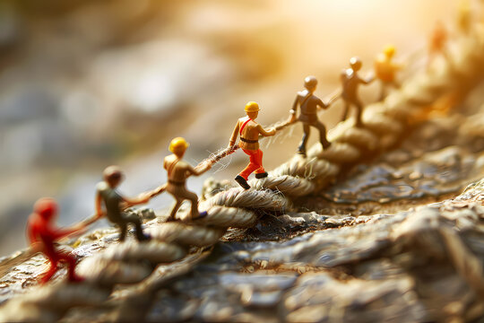 A dynamic scene depicting miniature construction workers climbing a rope, showcasing teamwork and determination in a vibrant, sunlit setting.