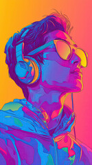 A colorful 2d illustration of a young Asian man with headphones and sunglasses with a yellow to pink gradient background. Vertical layout.