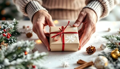 A person holding a beautifully wrapped Christmas gift, adorned with a festive bow. The joyful...