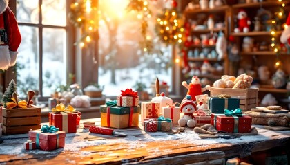 Fototapeta premium A kitchen countertop adorned with festive baking ingredients for holiday treats. Flour, sugar, cookie cutters, and colorful sprinkles create a cheerful atmosphere for holiday baking
