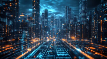 Obraz premium Cyberpunk Cityscape: A Futuristic Urban Landscape Illuminated by Neon Lights
