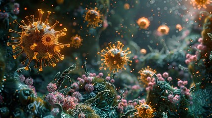 Fototapeta premium Illustration of coronaviruses in a microscopic view, showing virus structure and cellular background