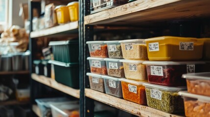 Stack of reusable food storage containers labeled with expiration dates