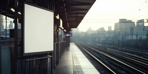 Fototapeta premium Minimalistic mockup of a blank advertising panel at an elevated train station with city view, for design, banner