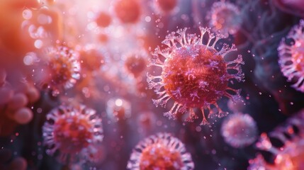 Fototapeta premium Illustration of coronaviruses in a microscopic view, showing virus structure and cellular background