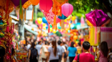 A vivid scene of a colorful street festival with floats and decorations representing various cultural traditions, with diverse attendees enjoying the celebration