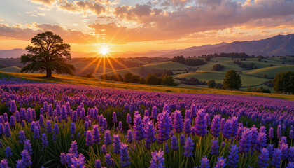 Sunset over lavender field with lone tree and mountains