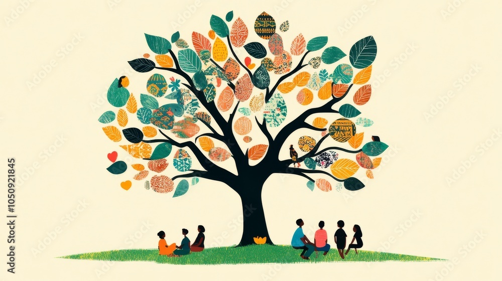 Poster A vivid scene of a large, vibrant tree with branches and leaves designed with various cultural patterns, set in a public park with diverse people relaxing under it