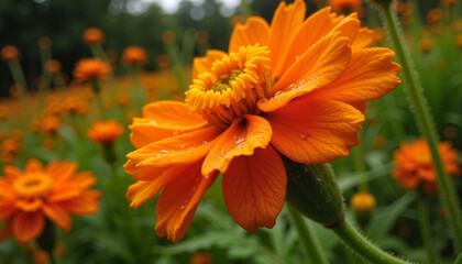 Vibrant orange marigold flower in garden close-up