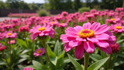 Obraz premium Vibrant pink zinnia flowers blooming in lush garden