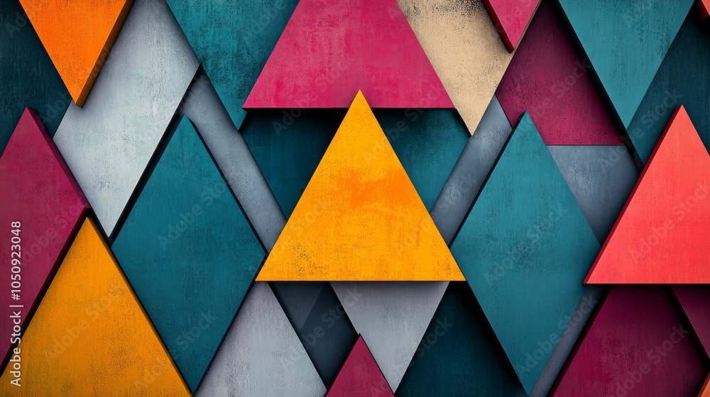 Poster Abstract colorful triangles arranged in a dynamic pattern, representing the diverse and multifaceted aspects of an inclusive society, minimalist style