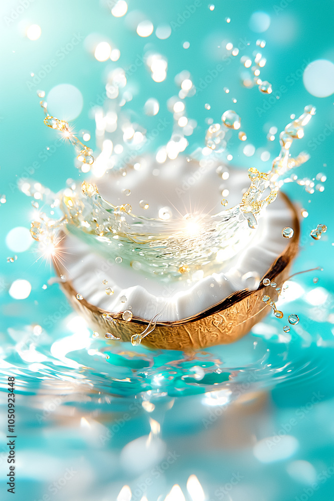 Poster a golden shell breaks open, creating a mesmerizing splash with droplets dancing in the air, set agai