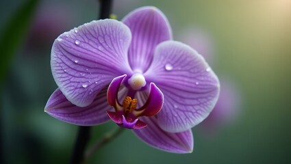 Obraz premium Vibrant violet orchid bloom with dew droplets and velvety petals in a serene green setting