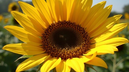 Fototapeta premium Vibrant sunflower in bloom golden petals with textured ridges spiraled seeds peaking from center