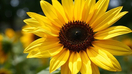 Obraz premium Vibrant sunflower in bloom golden petals with textured ridges spiraled seeds peaking from center