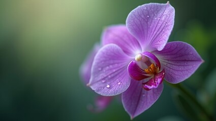 Obraz premium Vibrant violet orchid bloom with dew droplets and velvety petals in a serene green setting