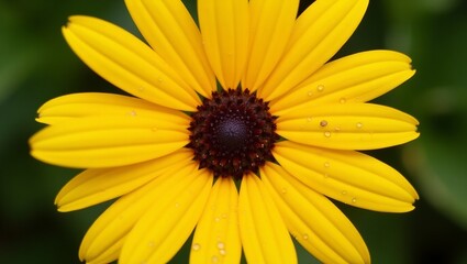 Vibrant yellow daisy with dew drops on petals and rich brown center