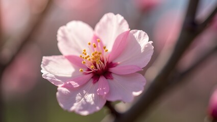 Delicate cherry blossom in bloom with soft pink petals and yellow stamens illuminated by sunlight
