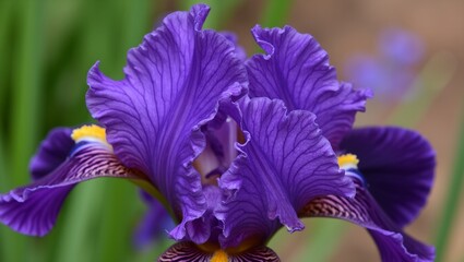 Vivid purple iris bloom with ruffled petals and yellow markings on soft blurred garden background